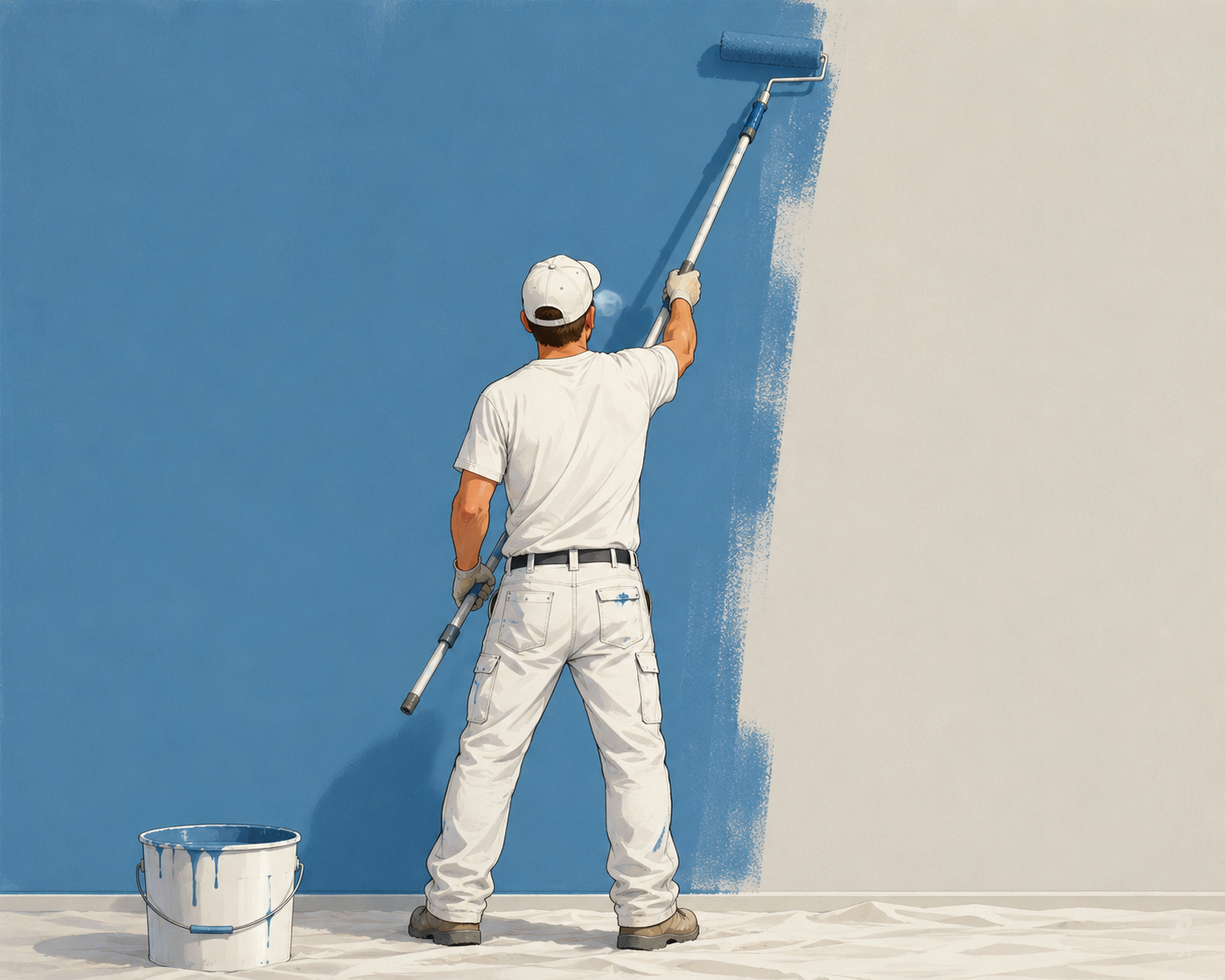 Illustrazione di un imbianchino che ridipinge una parete di blu con un rullo
