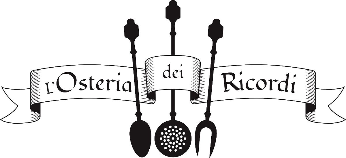 Logo de L'Osteria dei Ricordi: illustrazione vintage con cucchiaio, mestolo e forchetta su un nastro